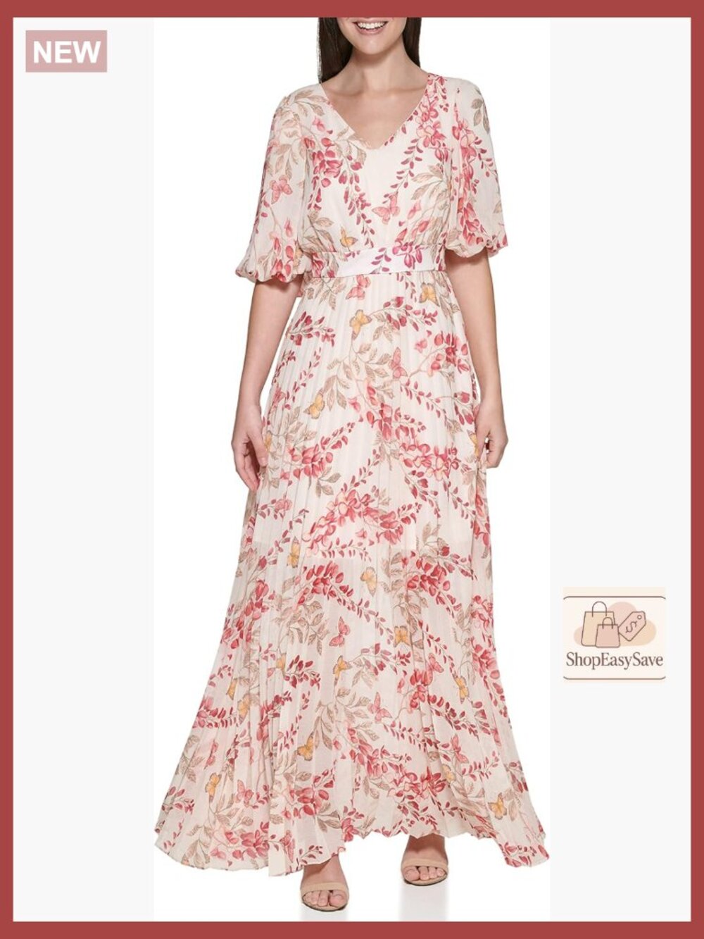 Floral Puff Sleeve Maxi Dress Elegant V-Neck High Waist A-Line Party Wear